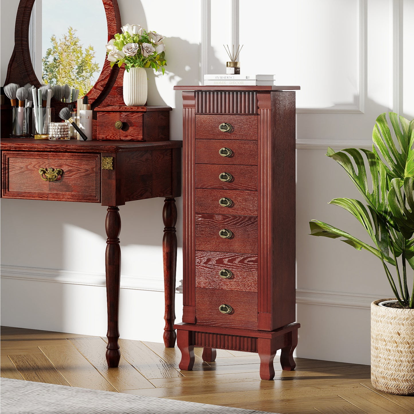 Wooden Jewelry Armoire Cabinet Storage Chest with Drawers and Swing Doors, Brown Jewelry Armoires at Gallery Canada