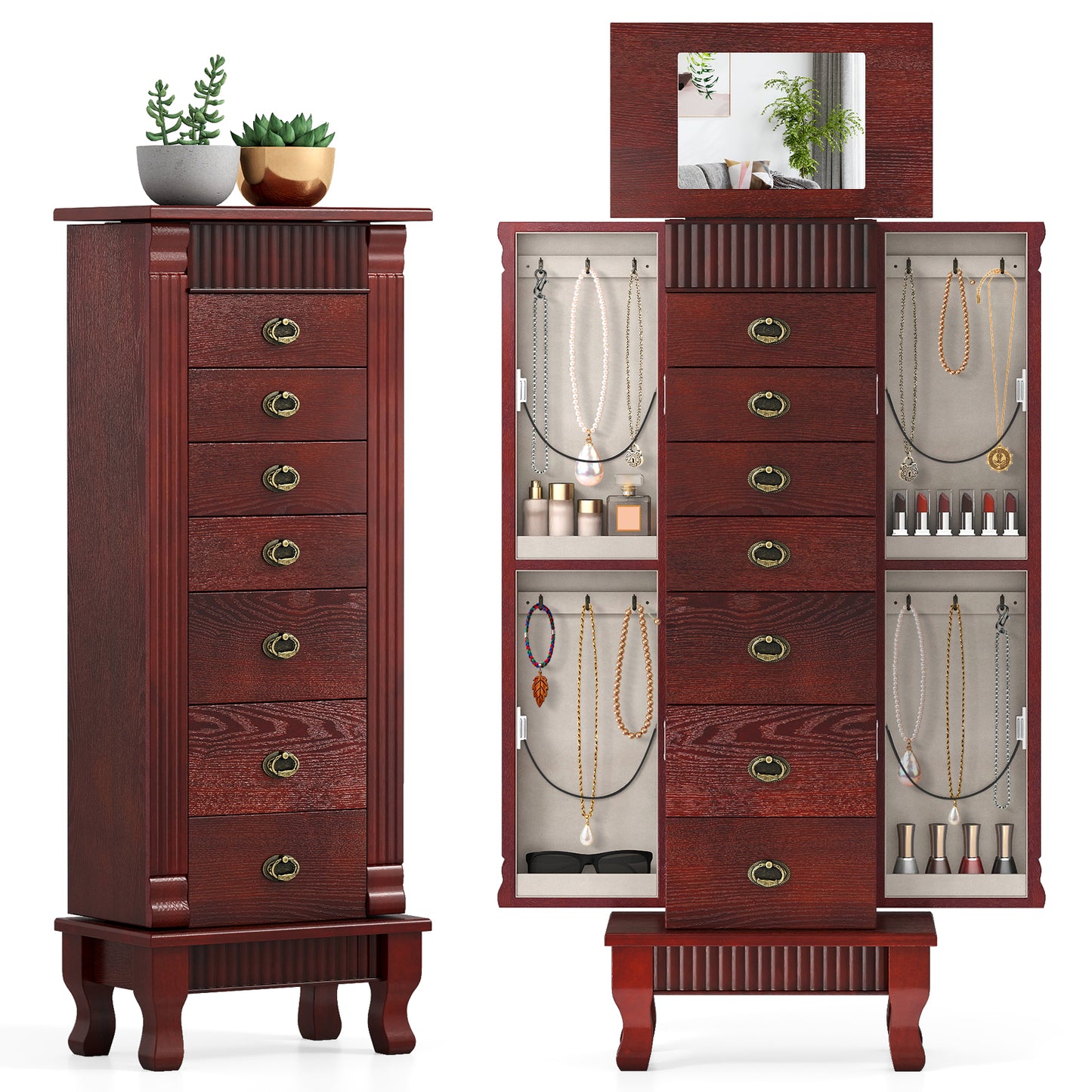 Wooden Jewelry Armoire Cabinet Storage Chest with Drawers and Swing Doors, Brown Jewelry Armoires at Gallery Canada