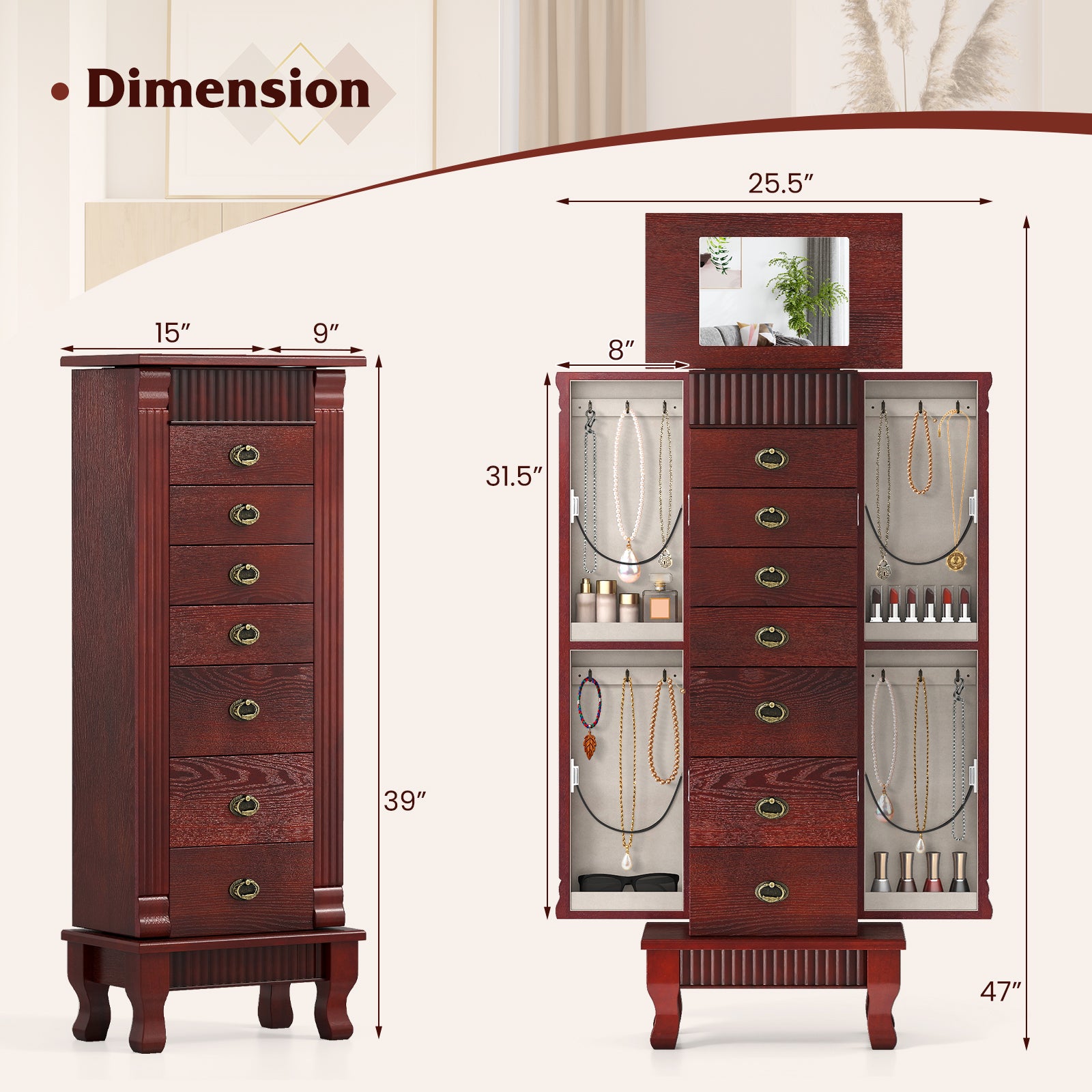 Wooden Jewelry Armoire Cabinet Storage Chest with Drawers and Swing Doors, Brown Jewelry Armoires at Gallery Canada