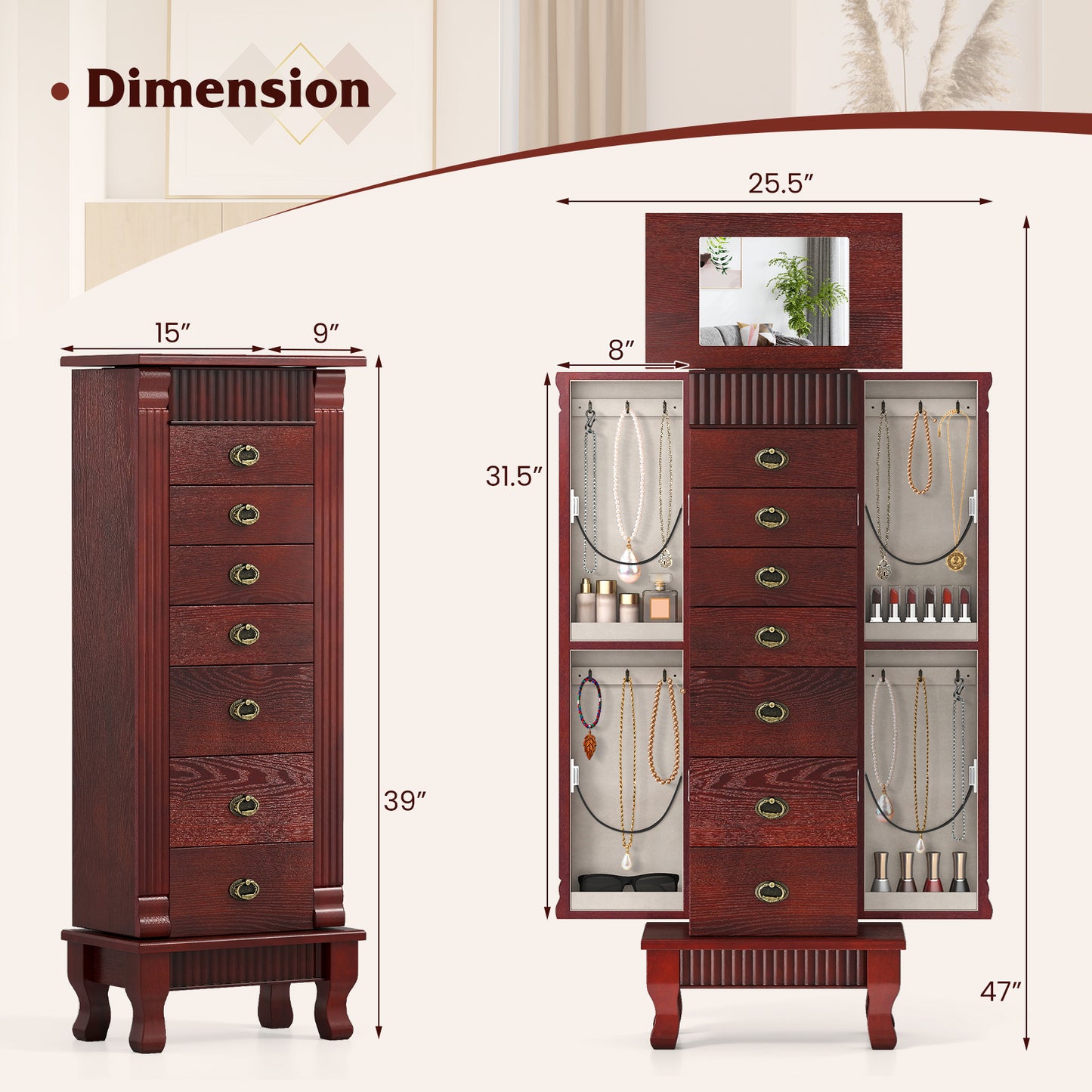 Wooden Jewelry Armoire Cabinet Storage Chest with Drawers and Swing Doors, Brown Jewelry Armoires at Gallery Canada
