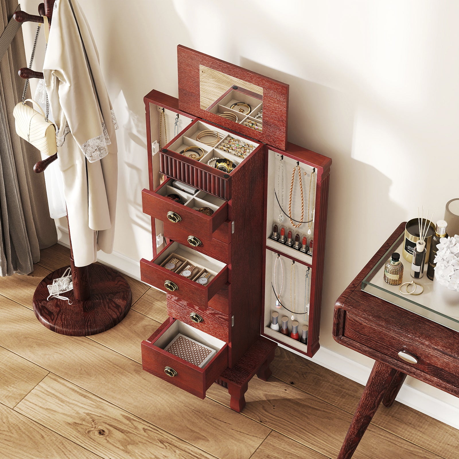 Wooden Jewelry Armoire Cabinet Storage Chest with Drawers and Swing Doors, Brown Jewelry Armoires at Gallery Canada