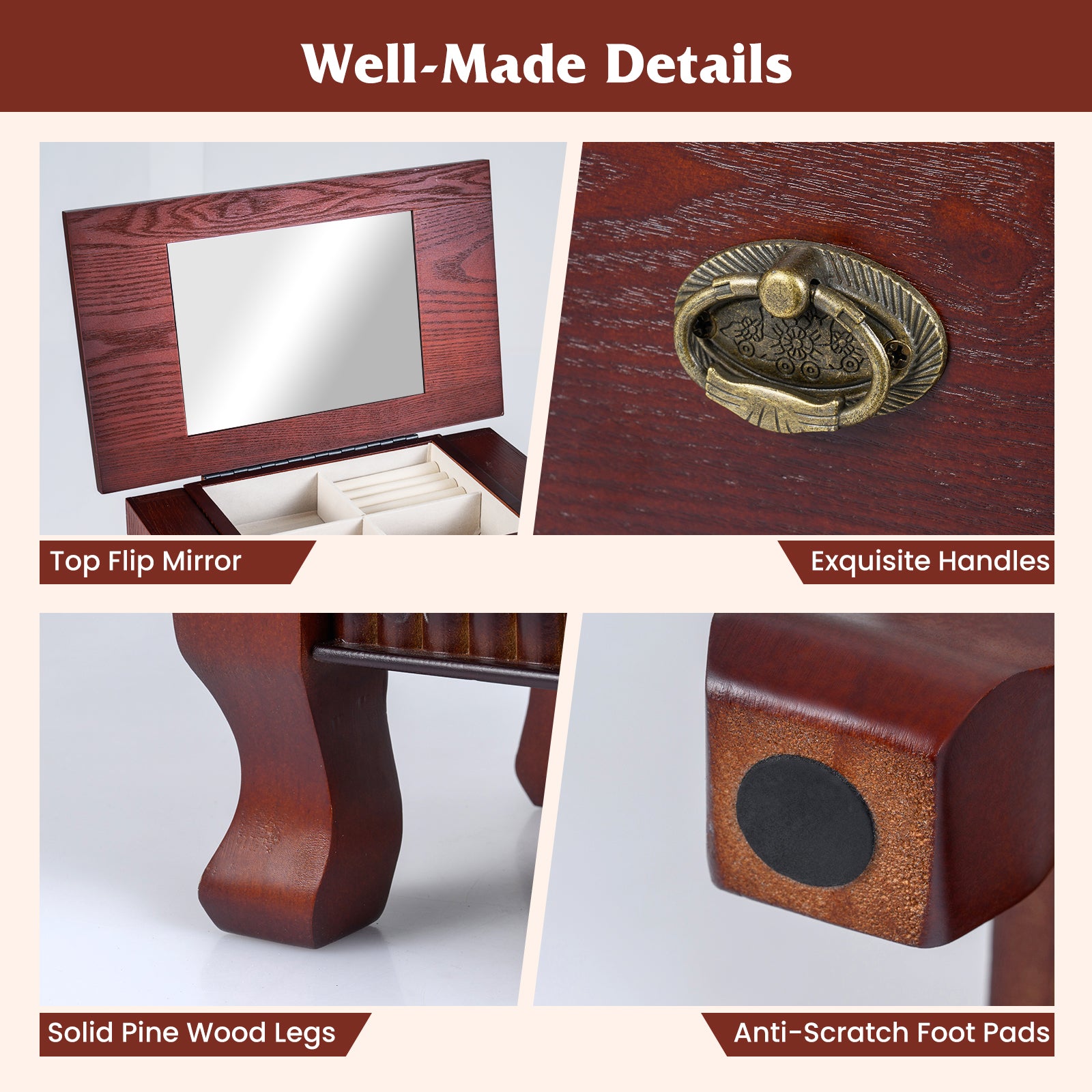 Wooden Jewelry Armoire Cabinet Storage Chest with Drawers and Swing Doors, Brown Jewelry Armoires at Gallery Canada