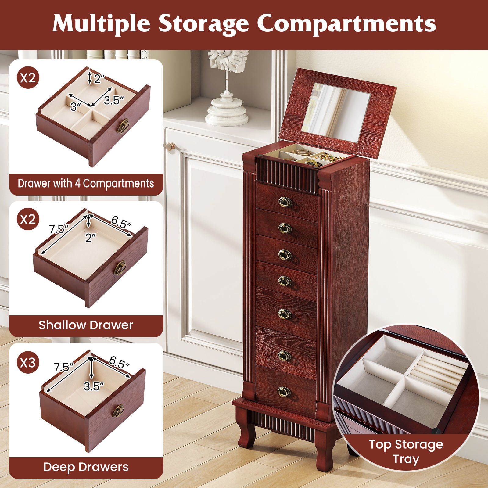 Wooden Jewelry Armoire Cabinet Storage Chest with Drawers and Swing Doors, Brown Jewelry Armoires at Gallery Canada