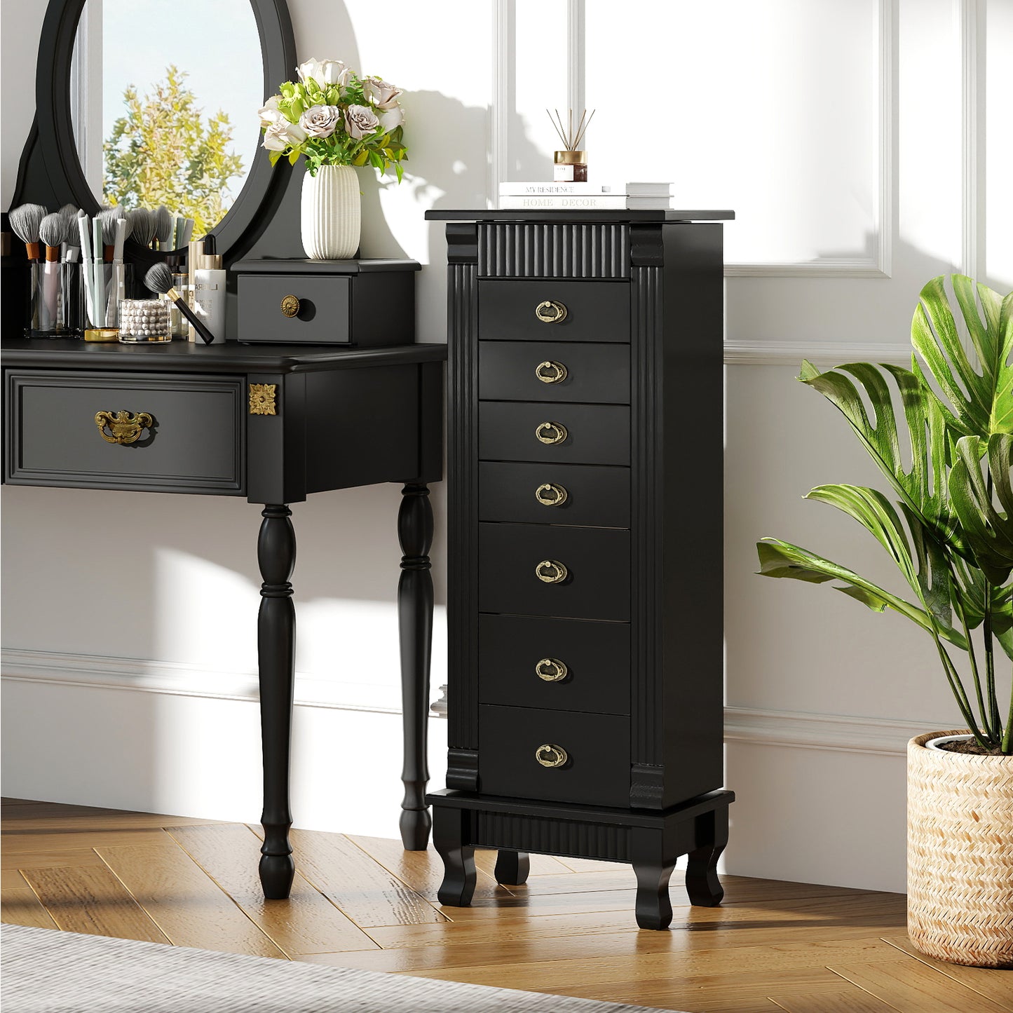 Wooden Jewelry Armoire Cabinet Storage Chest with Drawers and Swing Doors, Black Jewelry Armoires at Gallery Canada