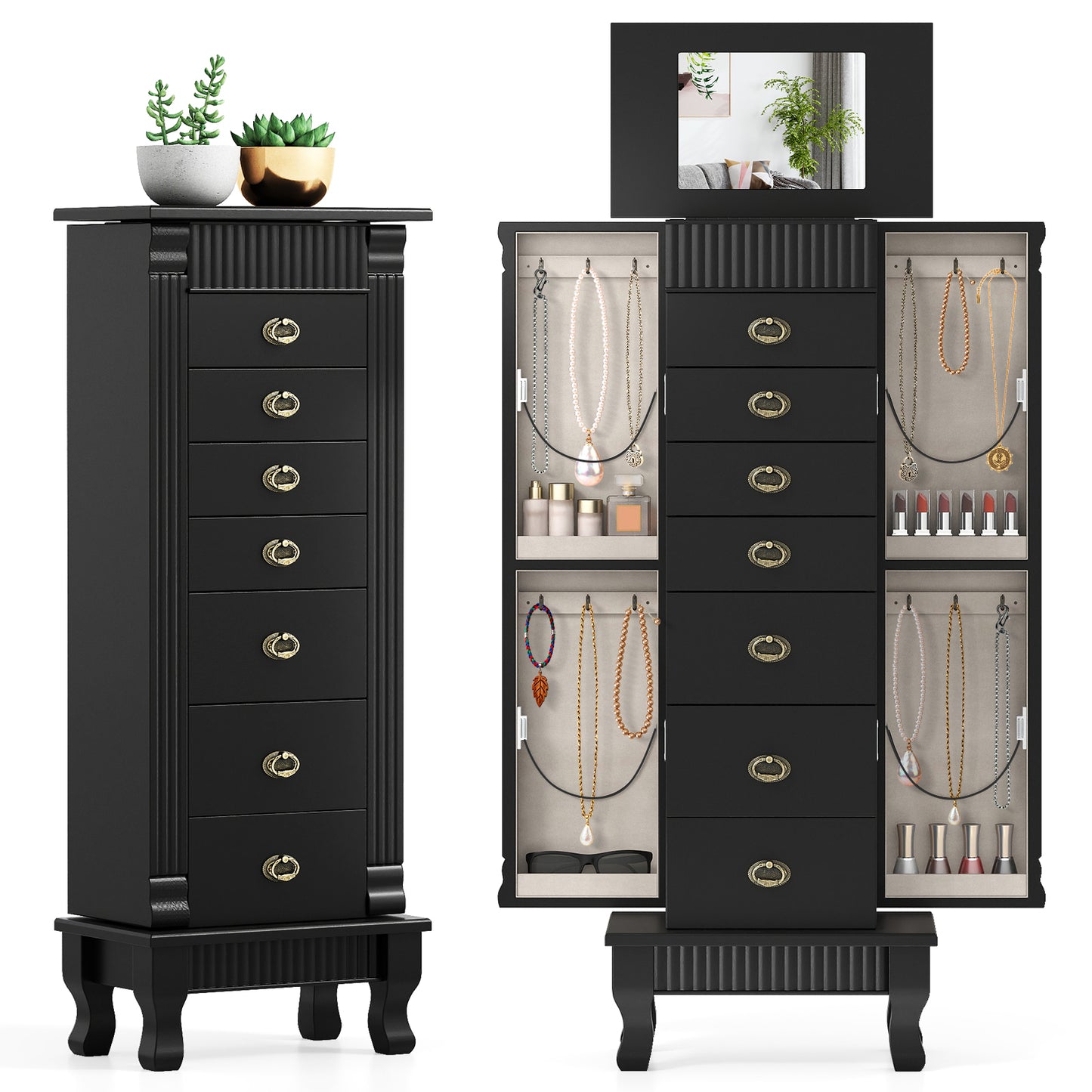 Wooden Jewelry Armoire Cabinet Storage Chest with Drawers and Swing Doors, Black Jewelry Armoires at Gallery Canada
