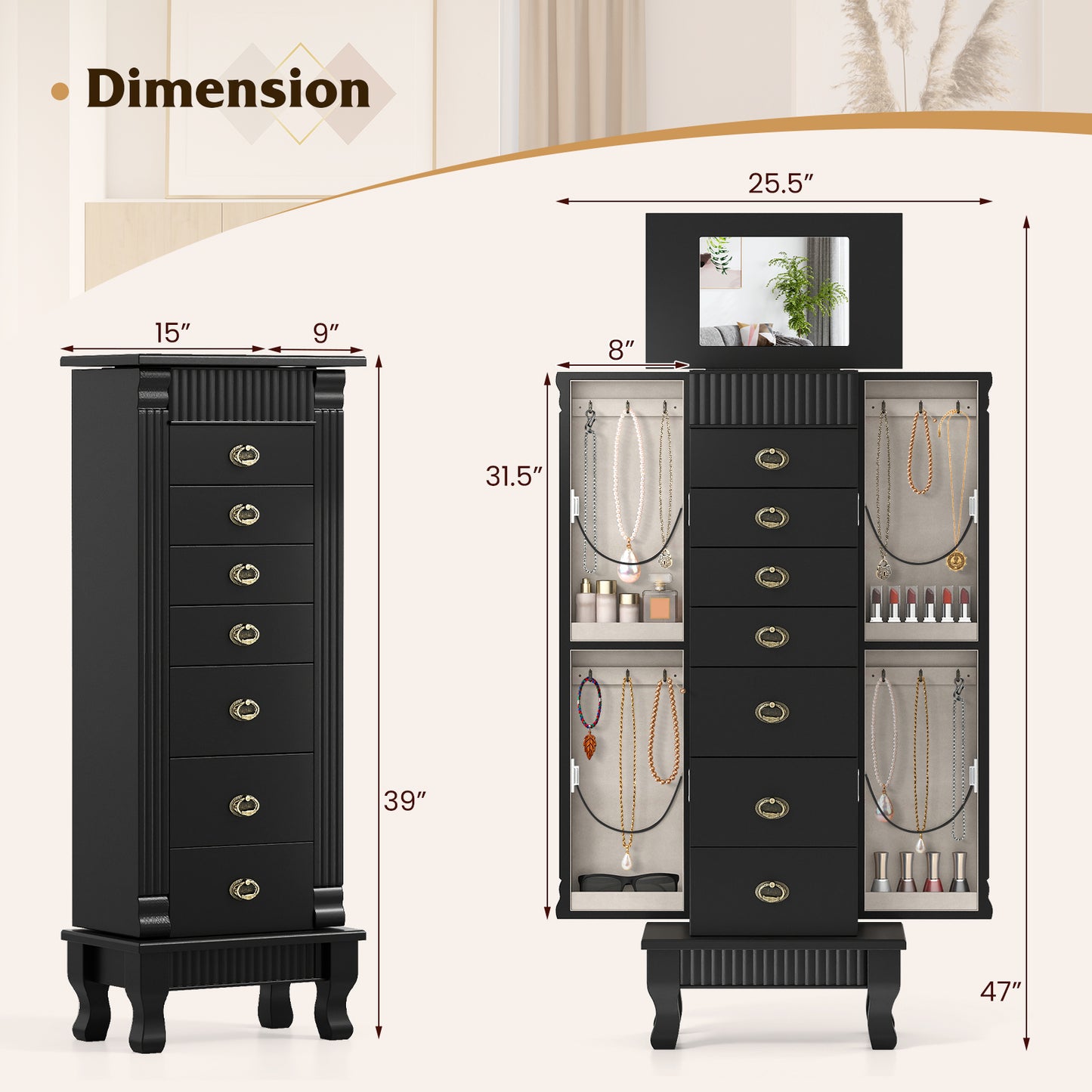 Wooden Jewelry Armoire Cabinet Storage Chest with Drawers and Swing Doors, Black Jewelry Armoires at Gallery Canada