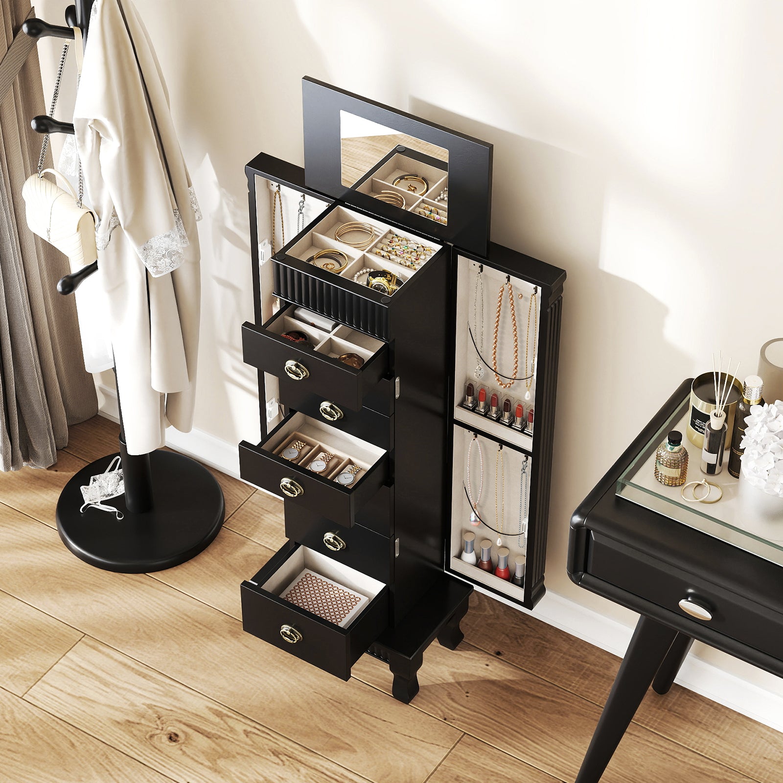 Wooden Jewelry Armoire Cabinet Storage Chest with Drawers and Swing Doors, Black Jewelry Armoires at Gallery Canada