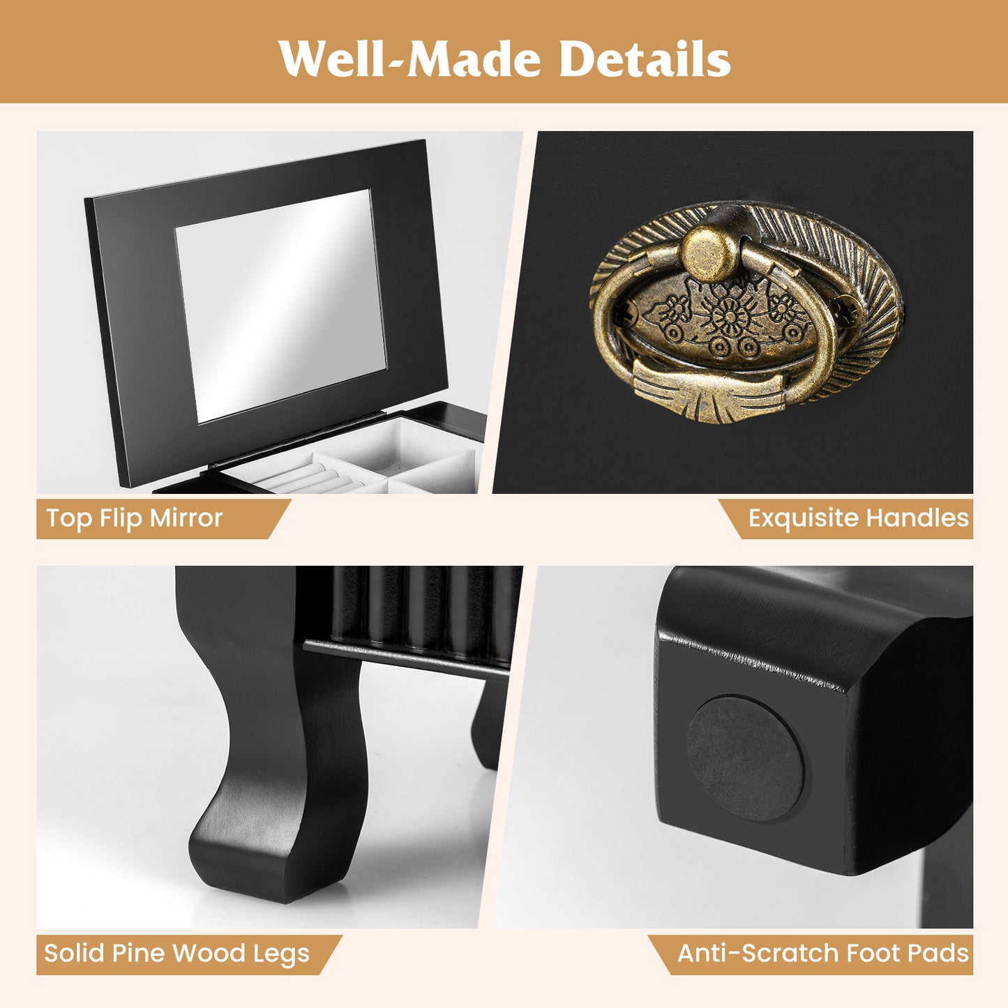 Wooden Jewelry Armoire Cabinet Storage Chest with Drawers and Swing Doors, Black Jewelry Armoires at Gallery Canada