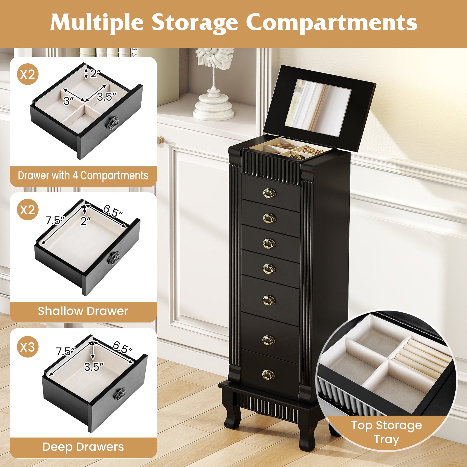 Wooden Jewelry Armoire Cabinet Storage Chest with Drawers and Swing Doors, Black Jewelry Armoires at Gallery Canada