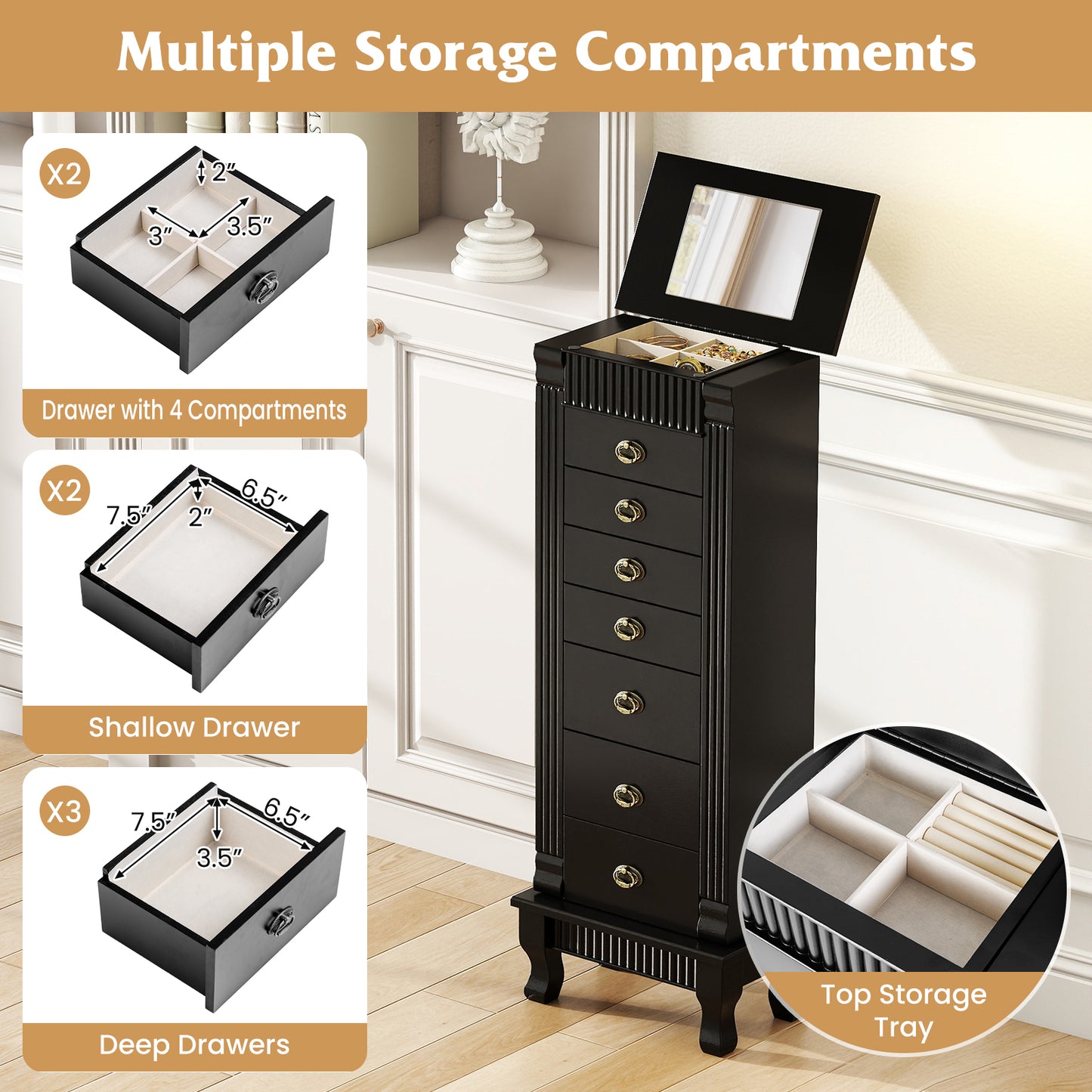 Wooden Jewelry Armoire Cabinet Storage Chest with Drawers and Swing Doors, Black Jewelry Armoires at Gallery Canada