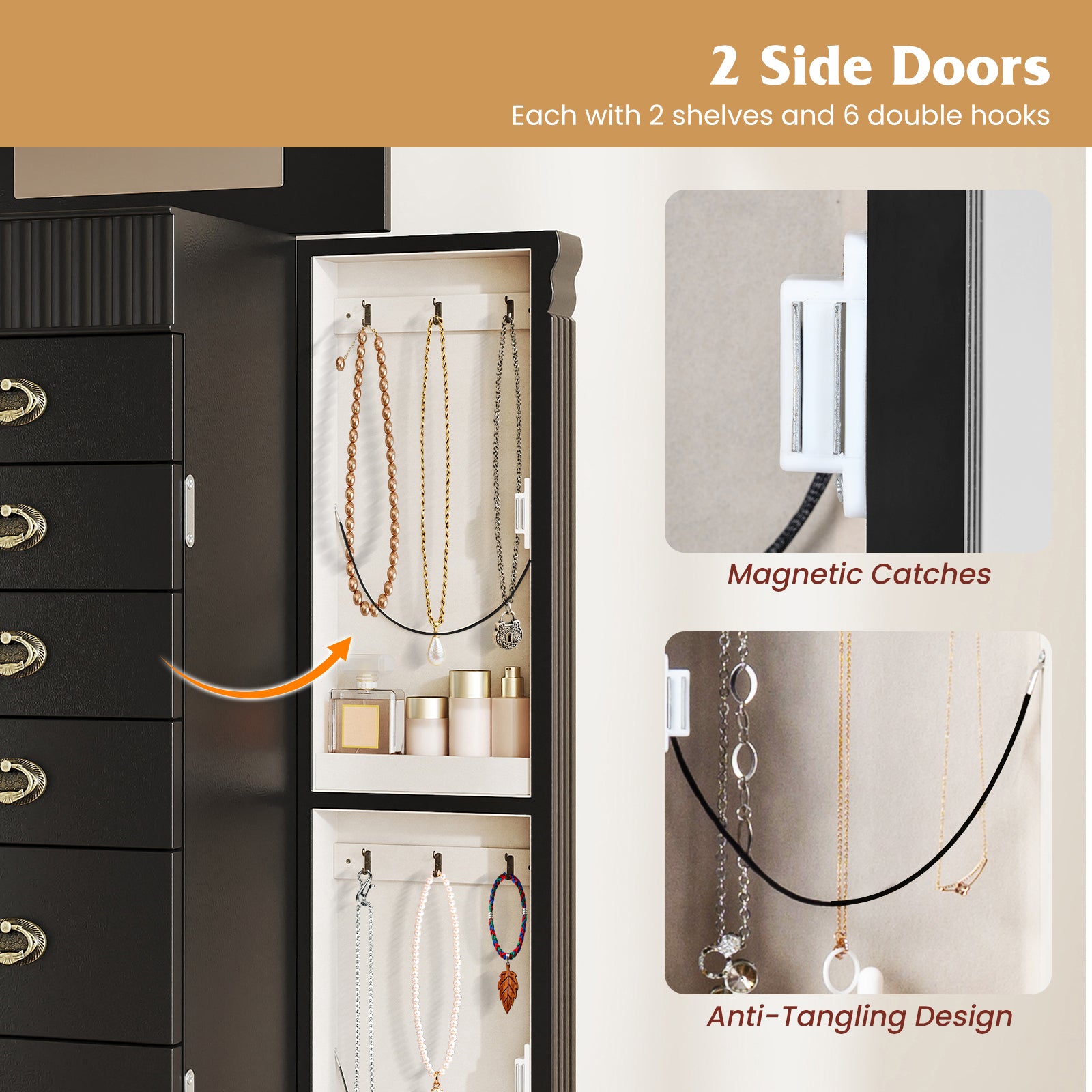 Wooden Jewelry Armoire Cabinet Storage Chest with Drawers and Swing Doors, Black Jewelry Armoires at Gallery Canada