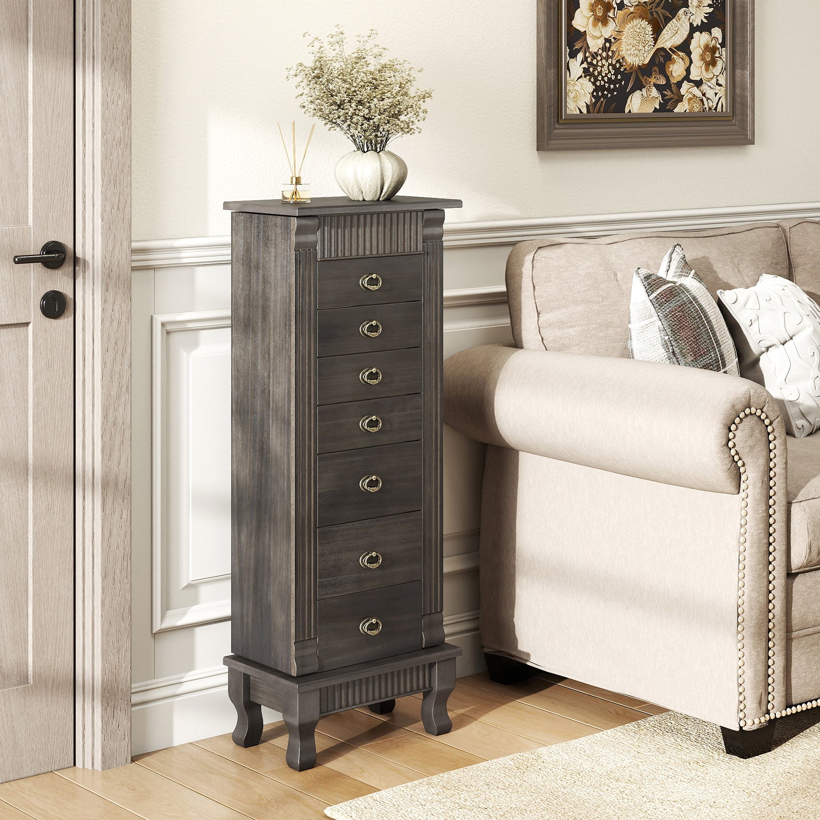 Wooden Jewelry Armoire Cabinet Storage Chest with Drawers and Swing Doors, Gray Jewelry Armoires at Gallery Canada