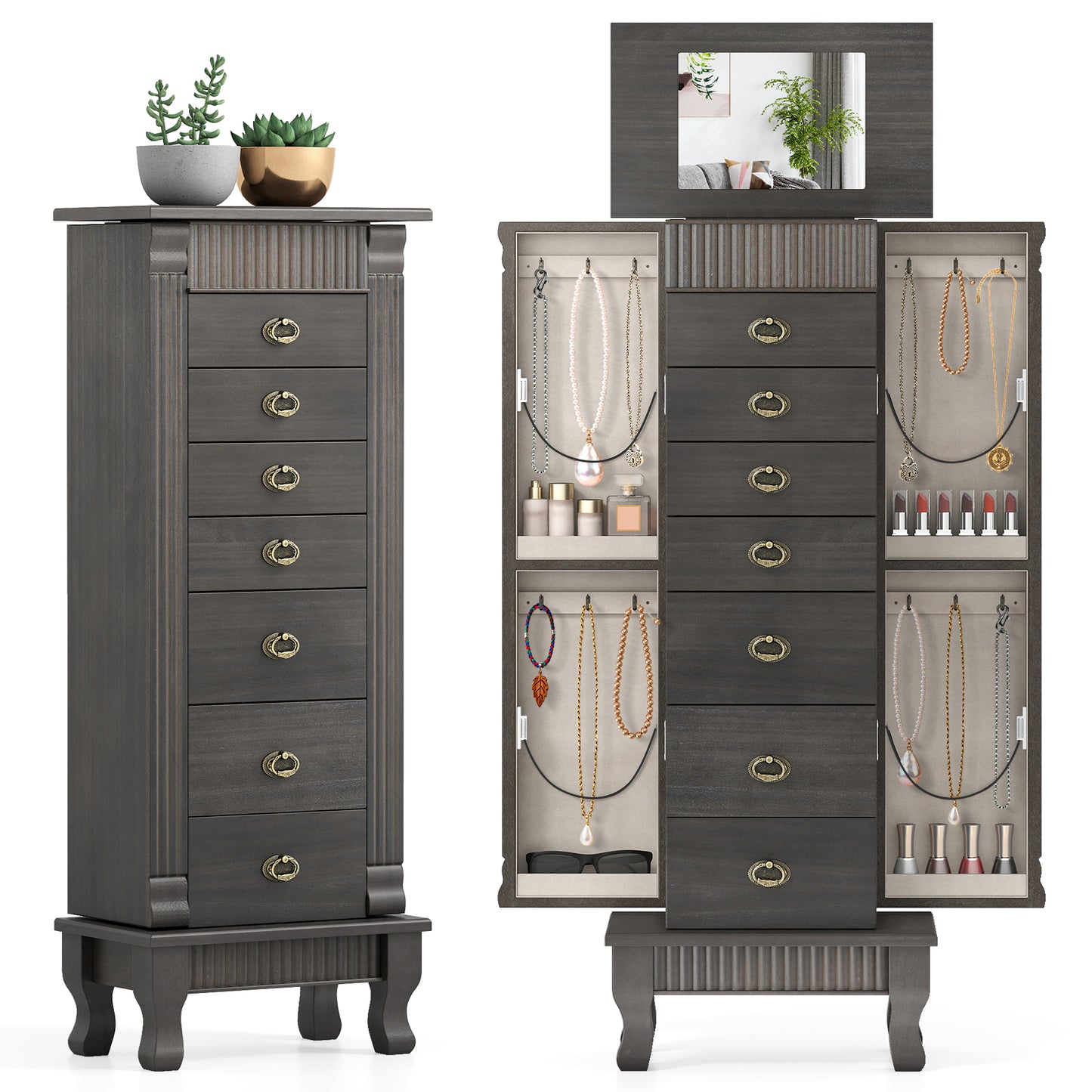 Wooden Jewelry Armoire Cabinet Storage Chest with Drawers and Swing Doors, Gray Jewelry Armoires at Gallery Canada