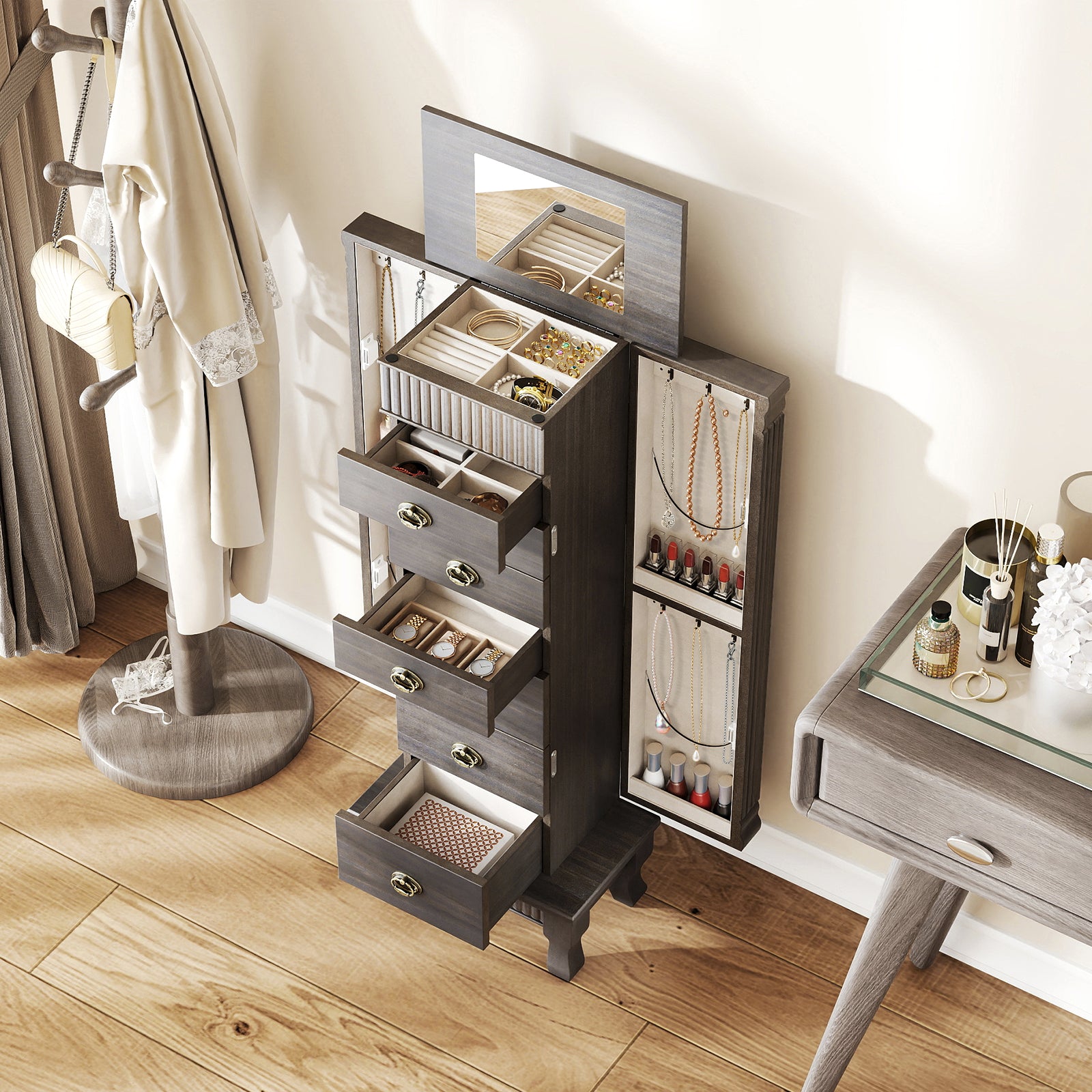 Wooden Jewelry Armoire Cabinet Storage Chest with Drawers and Swing Doors, Gray Jewelry Armoires at Gallery Canada