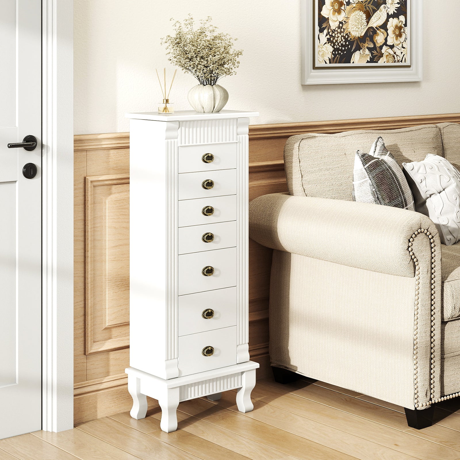 Wooden Jewelry Armoire Cabinet Storage Chest with Drawers and Swing Doors, White Jewelry Armoires at Gallery Canada