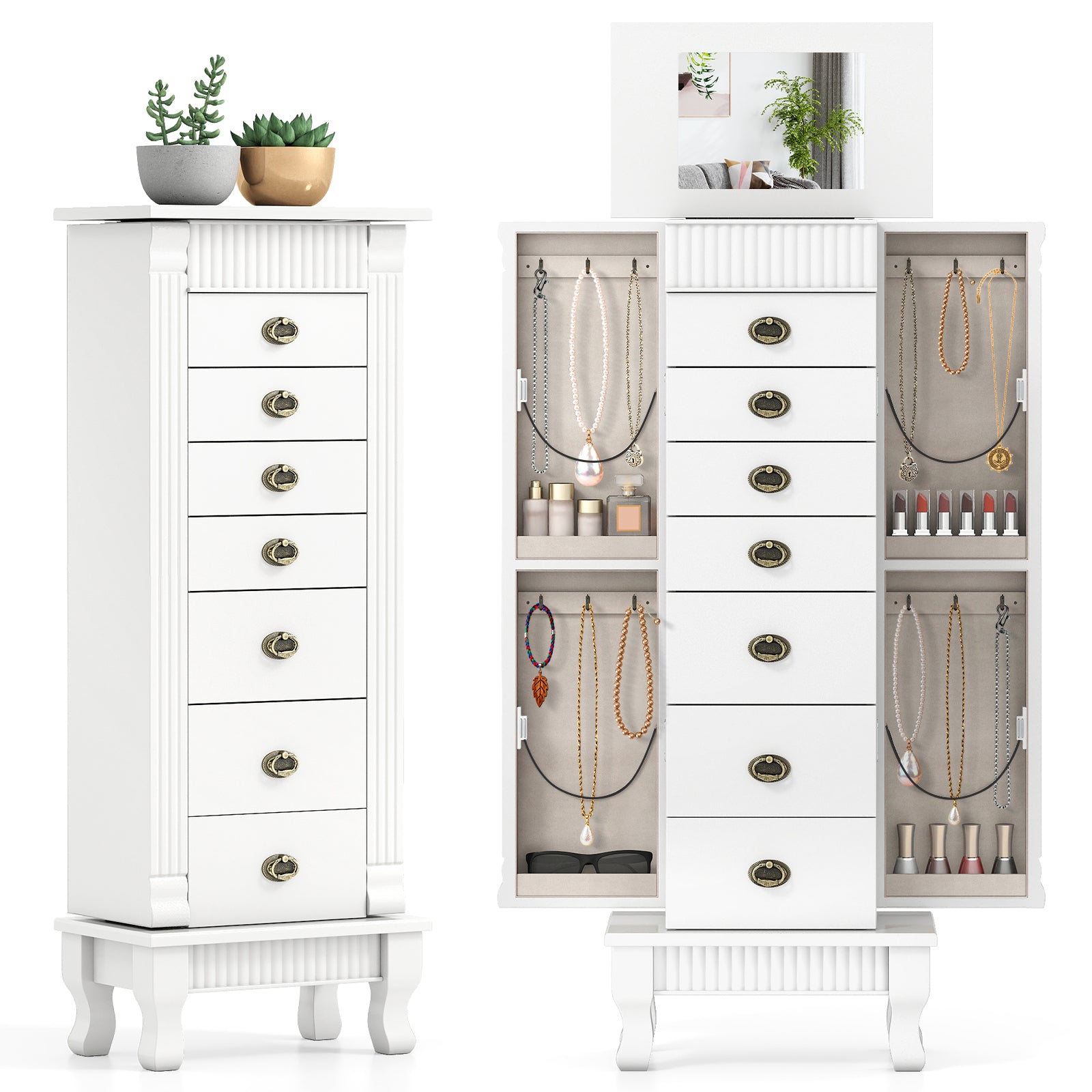 Wooden Jewelry Armoire Cabinet Storage Chest with Drawers and Swing Doors, White Jewelry Armoires at Gallery Canada