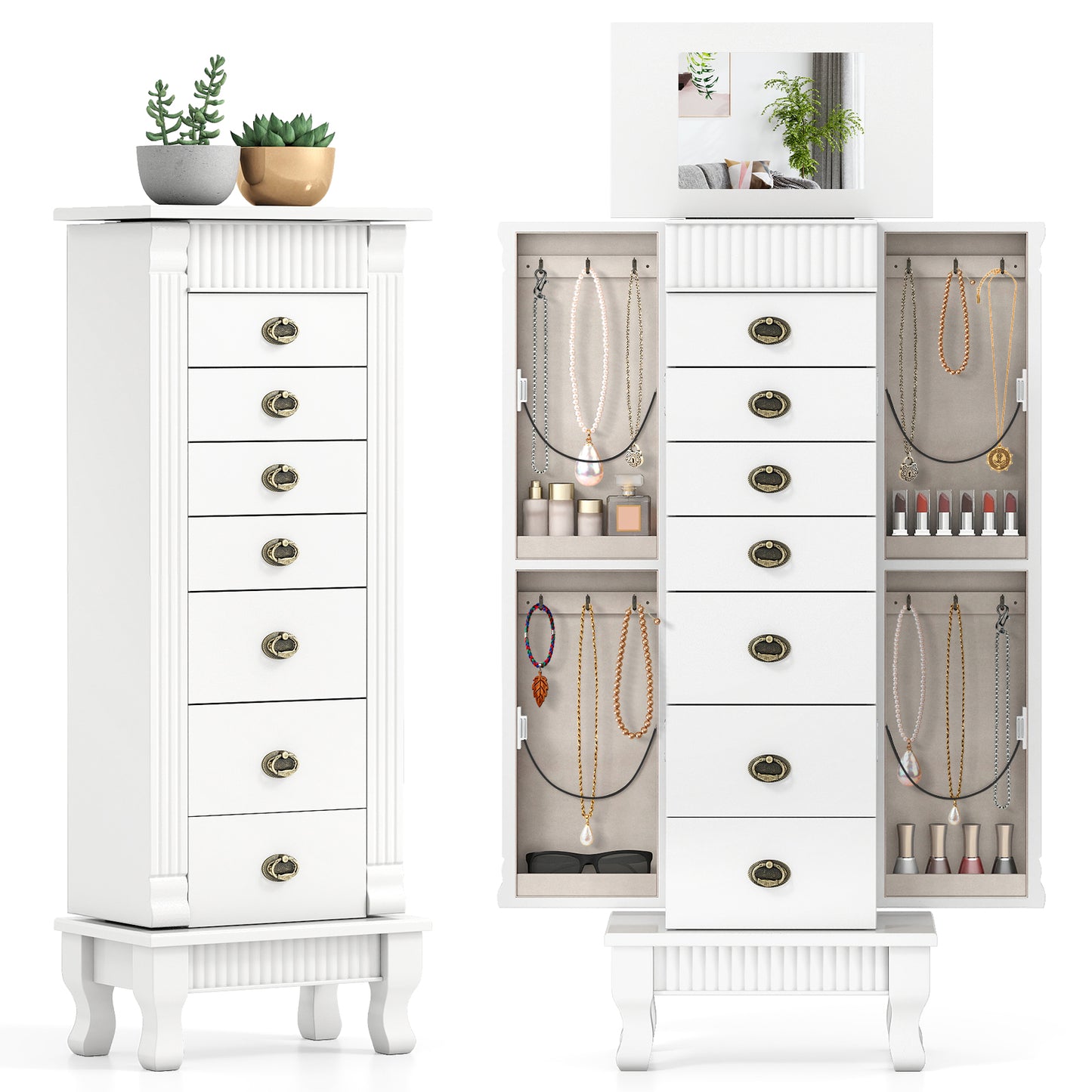 Wooden Jewelry Armoire Cabinet Storage Chest with Drawers and Swing Doors, White Jewelry Armoires at Gallery Canada