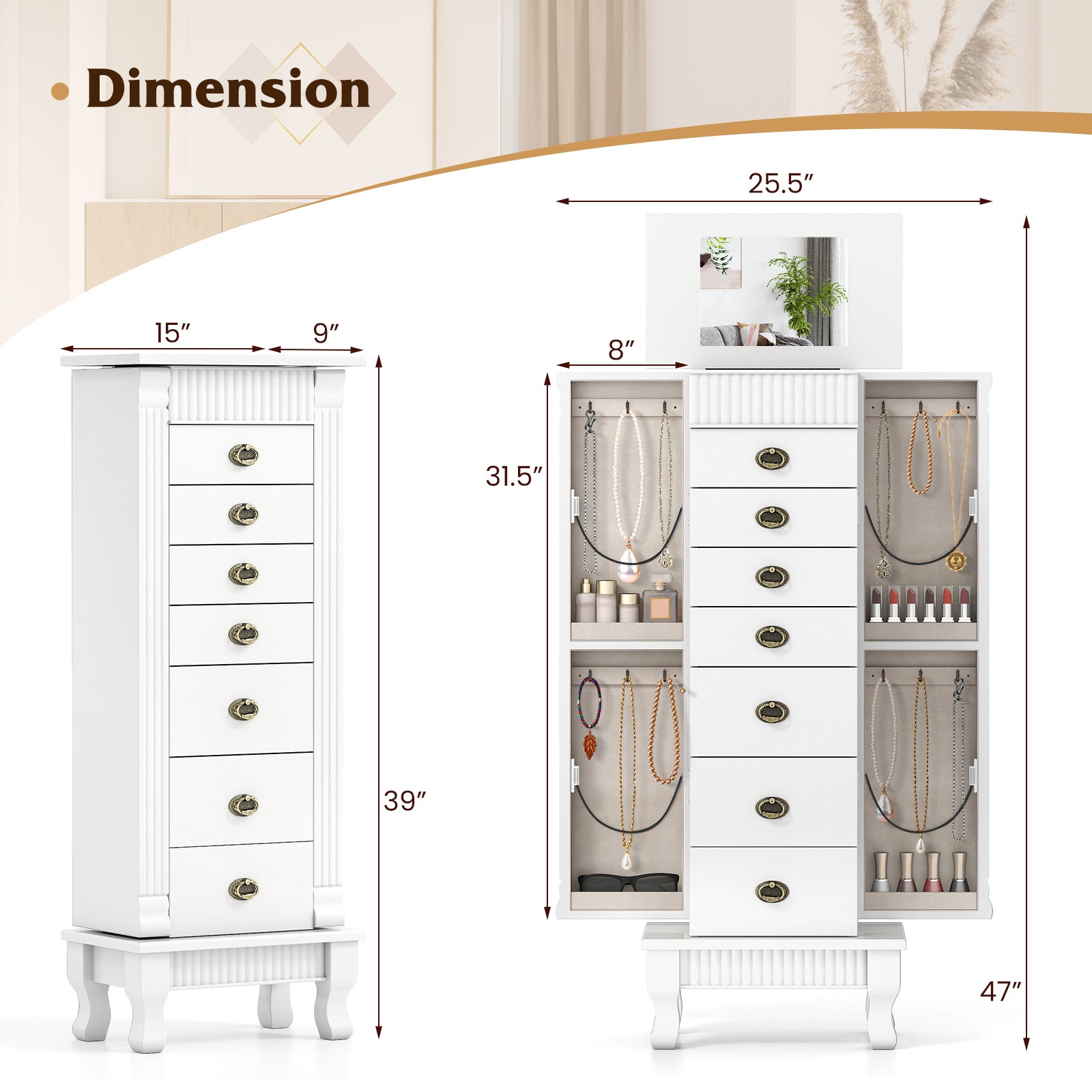 Wooden Jewelry Armoire Cabinet Storage Chest with Drawers and Swing Doors, White Jewelry Armoires at Gallery Canada