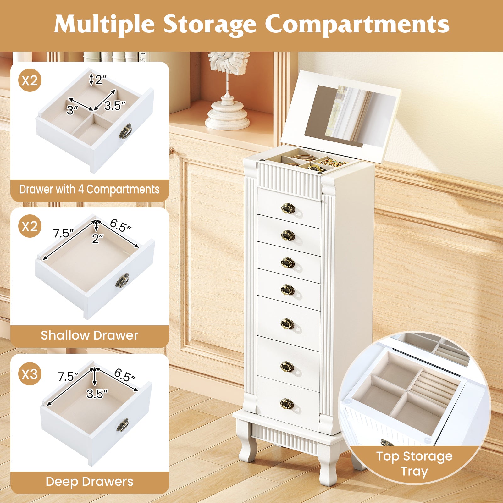 Wooden Jewelry Armoire Cabinet Storage Chest with Drawers and Swing Doors, White Jewelry Armoires at Gallery Canada