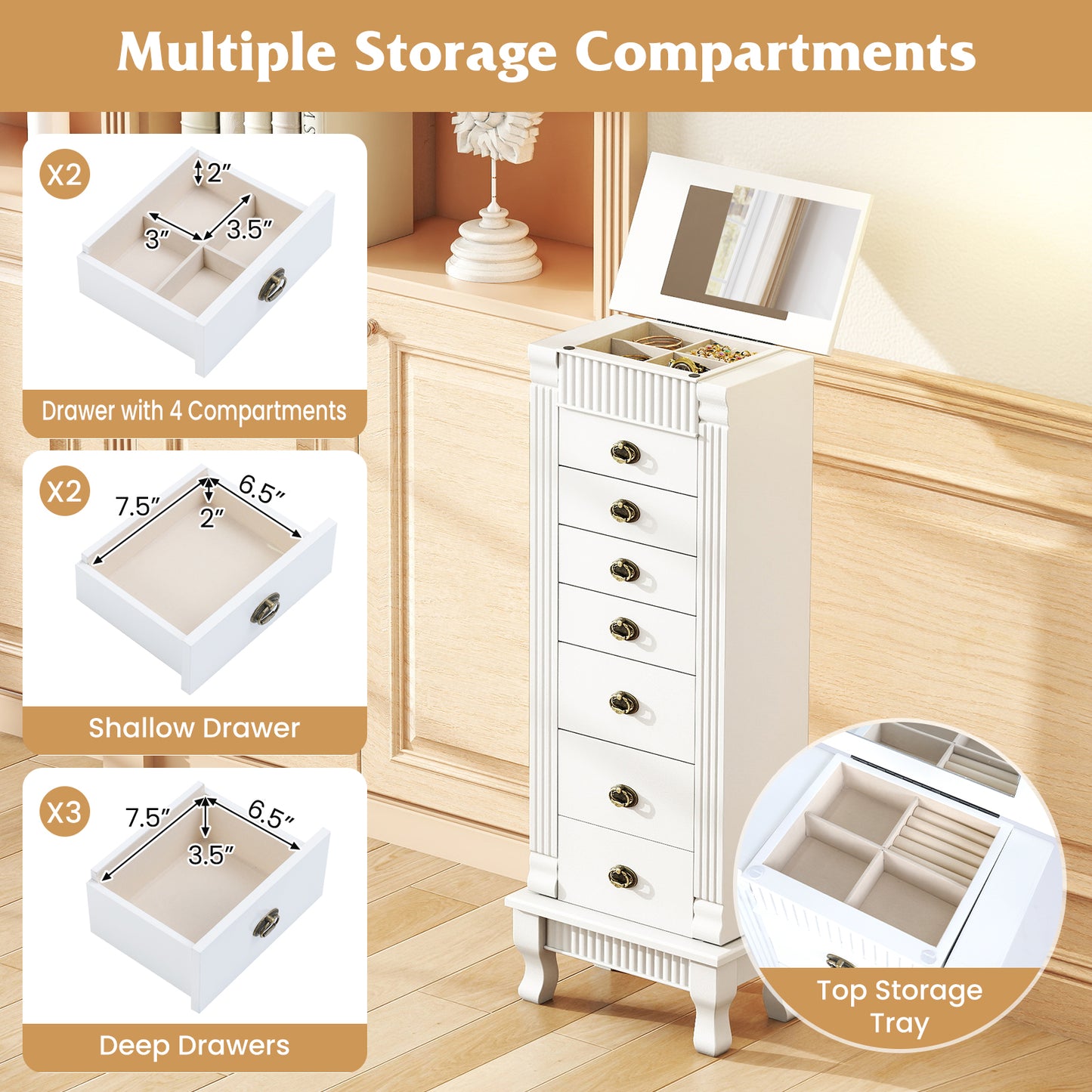 Wooden Jewelry Armoire Cabinet Storage Chest with Drawers and Swing Doors, White Jewelry Armoires at Gallery Canada