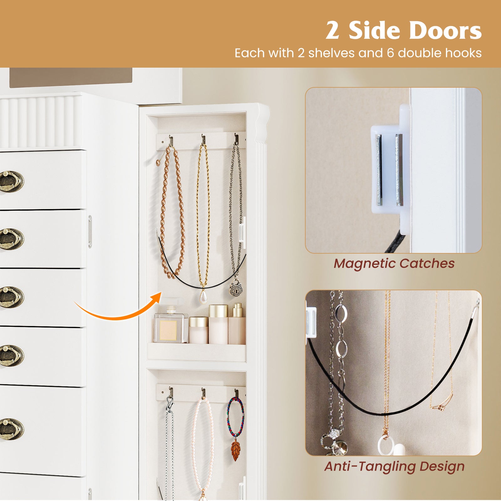 Wooden Jewelry Armoire Cabinet Storage Chest with Drawers and Swing Doors, White Jewelry Armoires at Gallery Canada