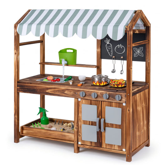 Wooden Kids Mud Kitchen, 8 Accessories, 2-Sided Chalkboard, Brown Play Kitchen Sets Brown at Gallery Canada