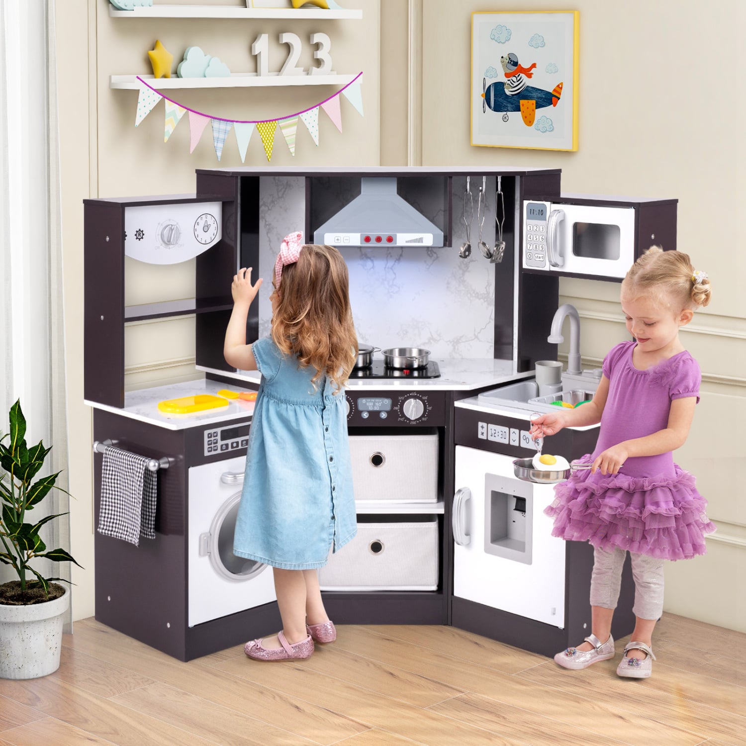 Wooden Kids Play Kitchen Playset, Realistic Lights And Sounds, Coffee Play Kitchen Sets at Gallery Canada