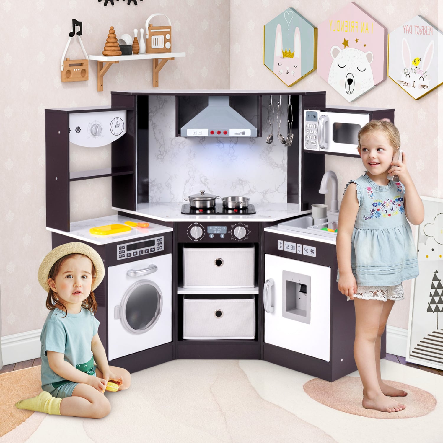 Wooden Kids Play Kitchen Playset, Realistic Lights And Sounds, Coffee Play Kitchen Sets at Gallery Canada