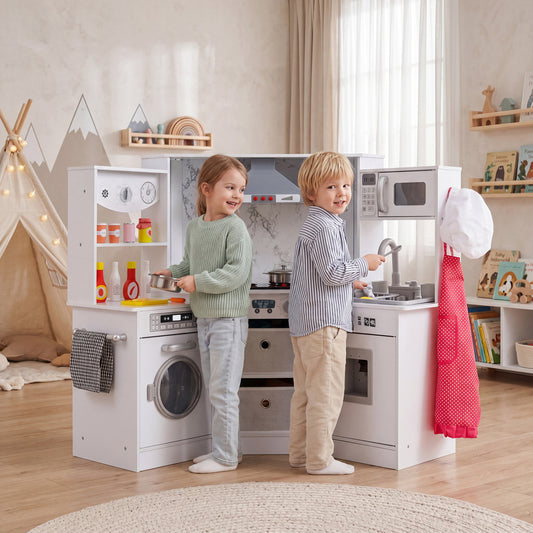 Wooden Kids Play Kitchen Playset with Realistic Lights and Sounds, White Play Kitchen Sets White at Gallery Canada