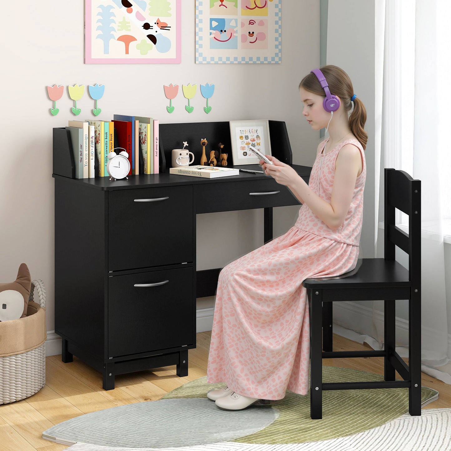 Wooden Kids Study Desk and Chair Set Student Workstation, Black Kids Table & Chair Sets at Gallery Canada