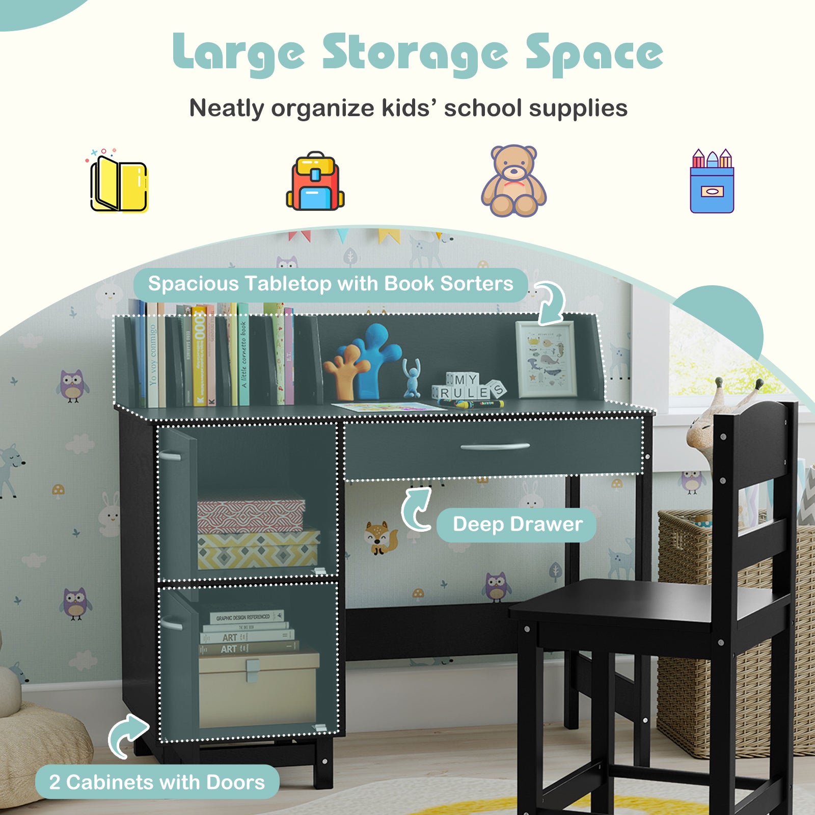 Wooden Kids Study Desk and Chair Set Student Workstation, Black Kids Table & Chair Sets at Gallery Canada