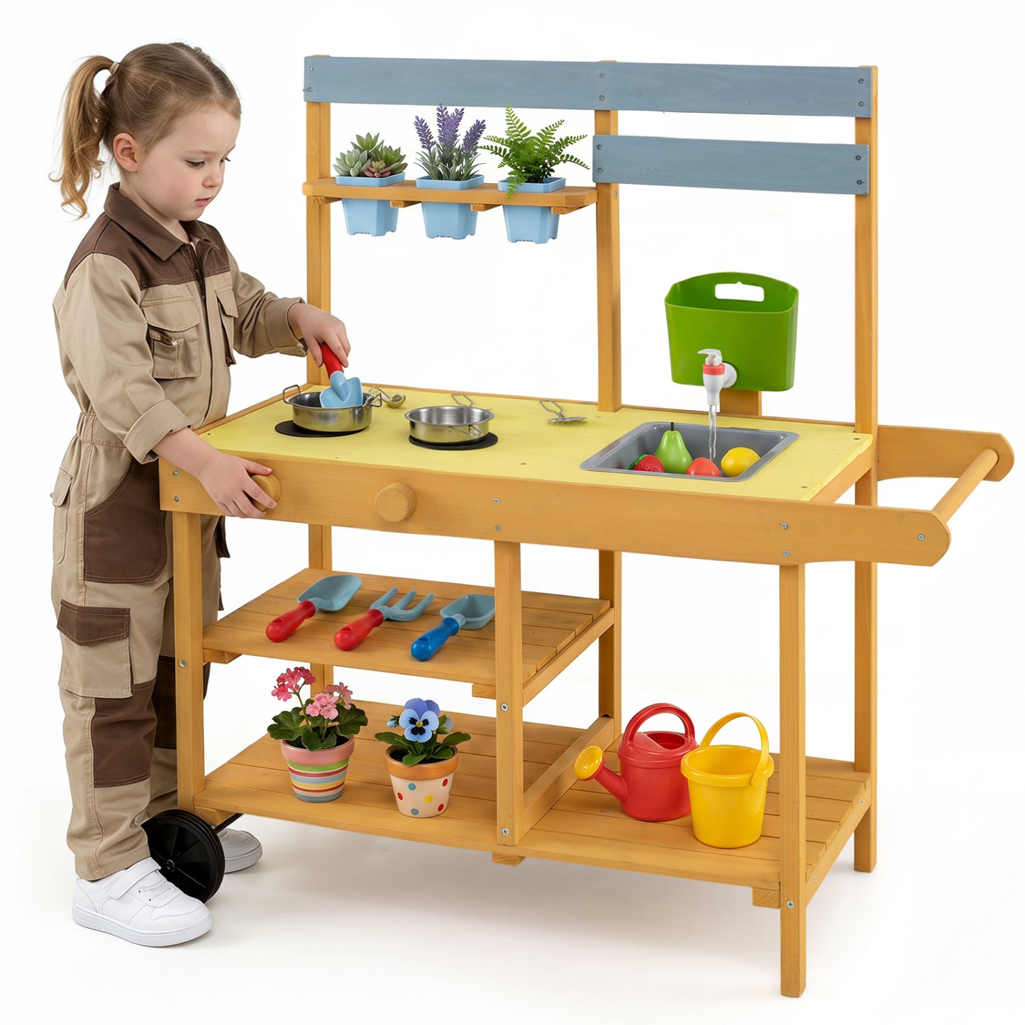 Wooden Outdoor Mud Kitchen for Kids with Flowerpots and Wheels, Yellow Play Kitchen Sets at Gallery Canada