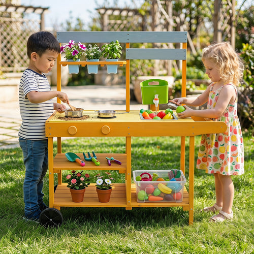 Wooden Outdoor Mud Kitchen for Kids with Flowerpots and Wheels, Yellow
