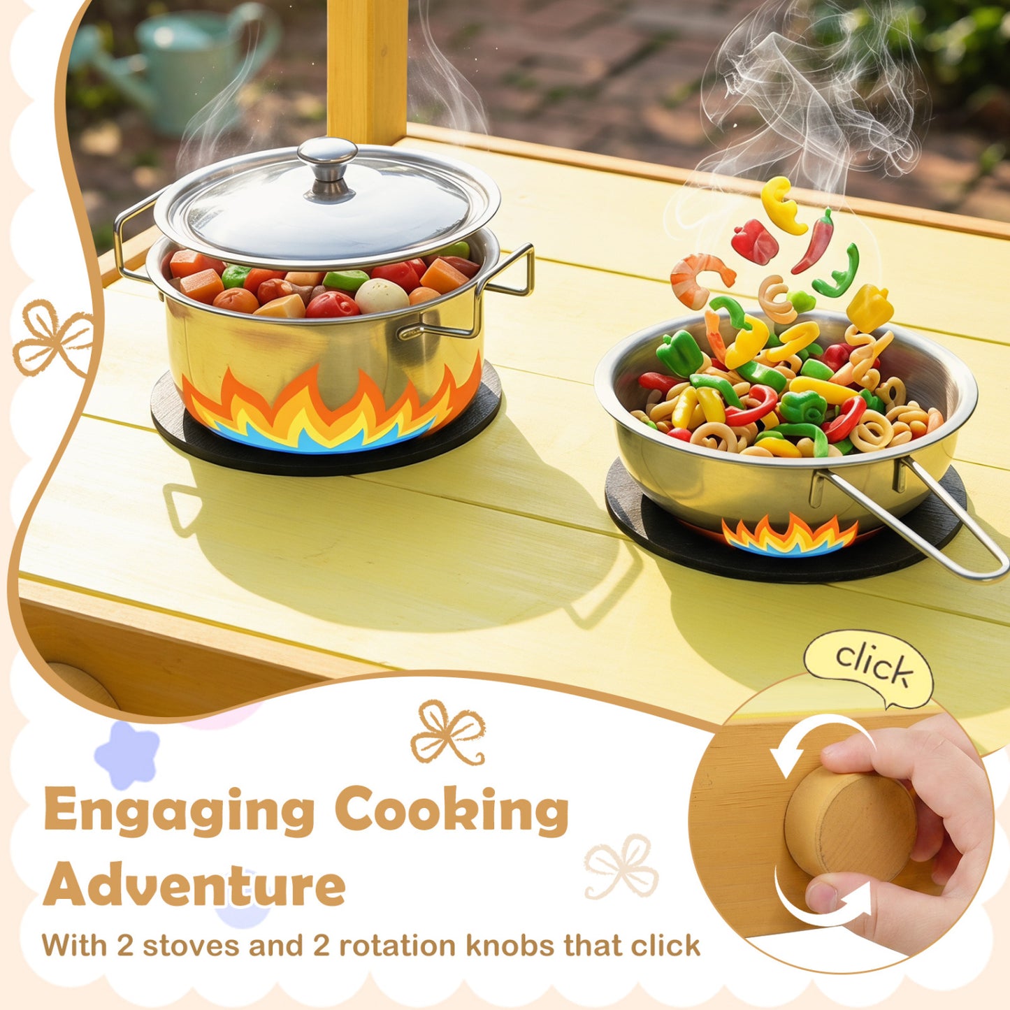 Wooden Outdoor Mud Kitchen for Kids with Flowerpots and Wheels, Yellow Play Kitchen Sets at Gallery Canada