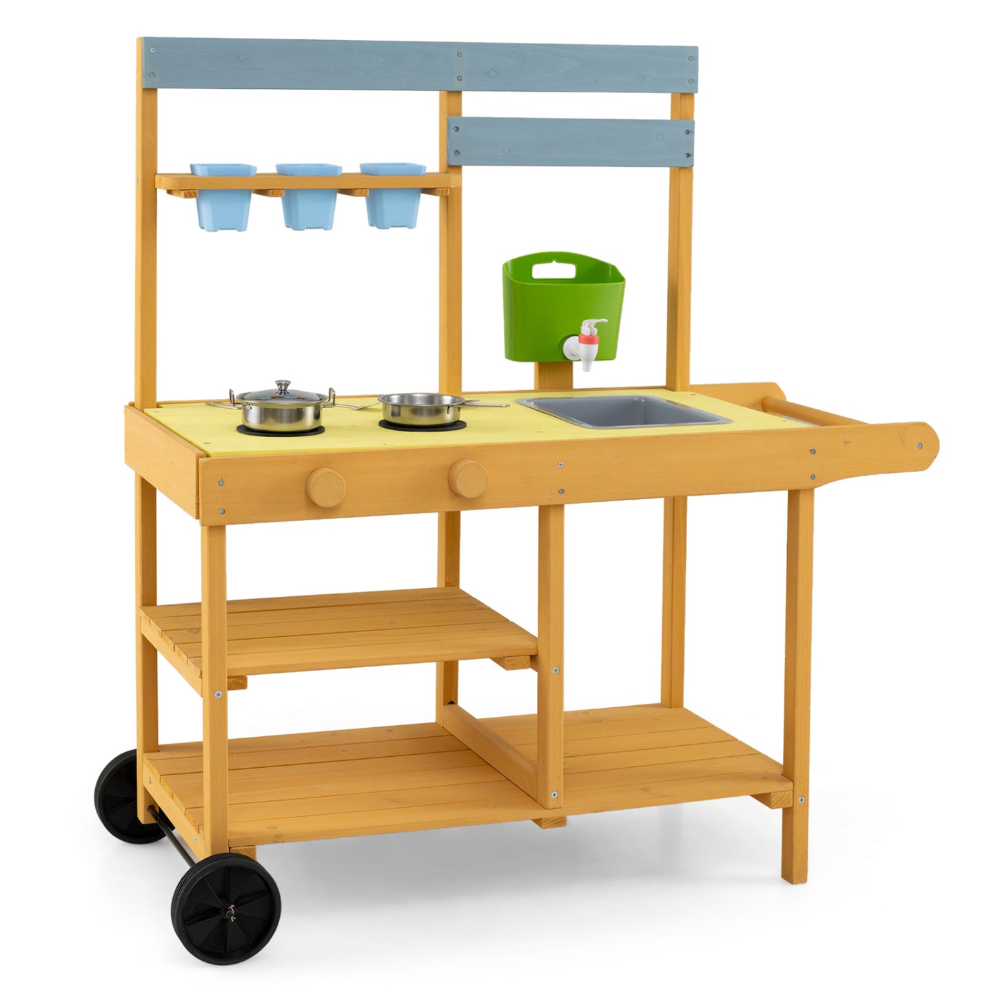 Wooden Outdoor Mud Kitchen for Kids with Flowerpots and Wheels, Yellow Play Kitchen Sets at Gallery Canada