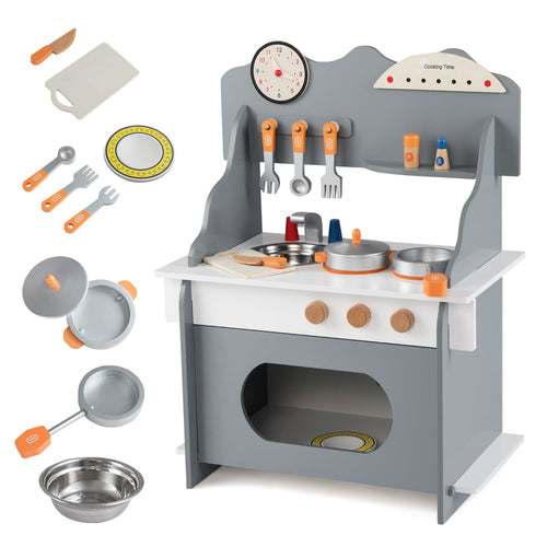 Wooden Play Kitchen for Kids Pretend Play Toy Kitchen Set with Clock Gift for Boys and Girls 3 +, Gray
