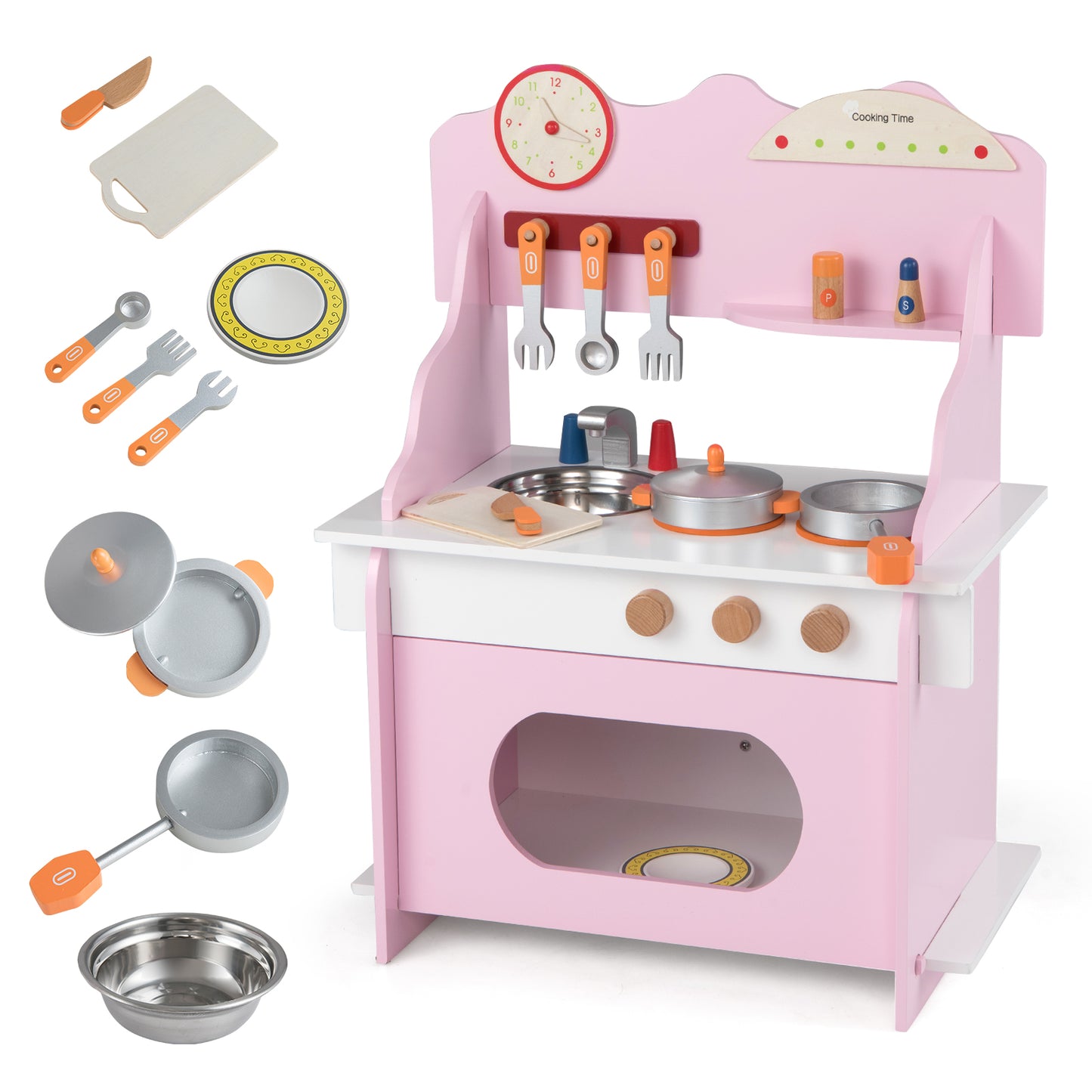 Wooden Play Kitchen for Kids Pretend Play Toy Kitchen Set with Clock Gift for Boys and Girls 3 +Pink, Pink Play Kitchen Sets at Gallery Canada
