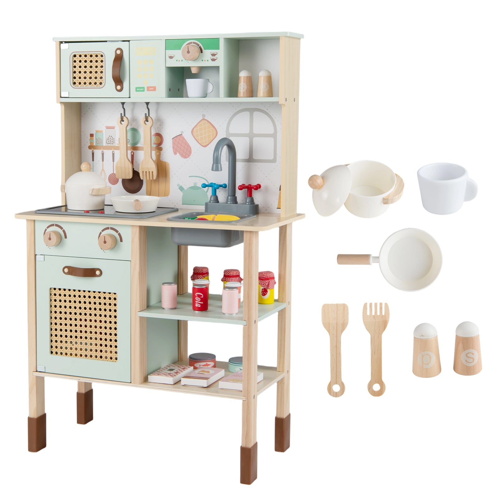 Wooden Play Kitchen for Kids with Lights and Sounds Retro Style With Accessories, Green Play Kitchen Sets at Gallery Canada