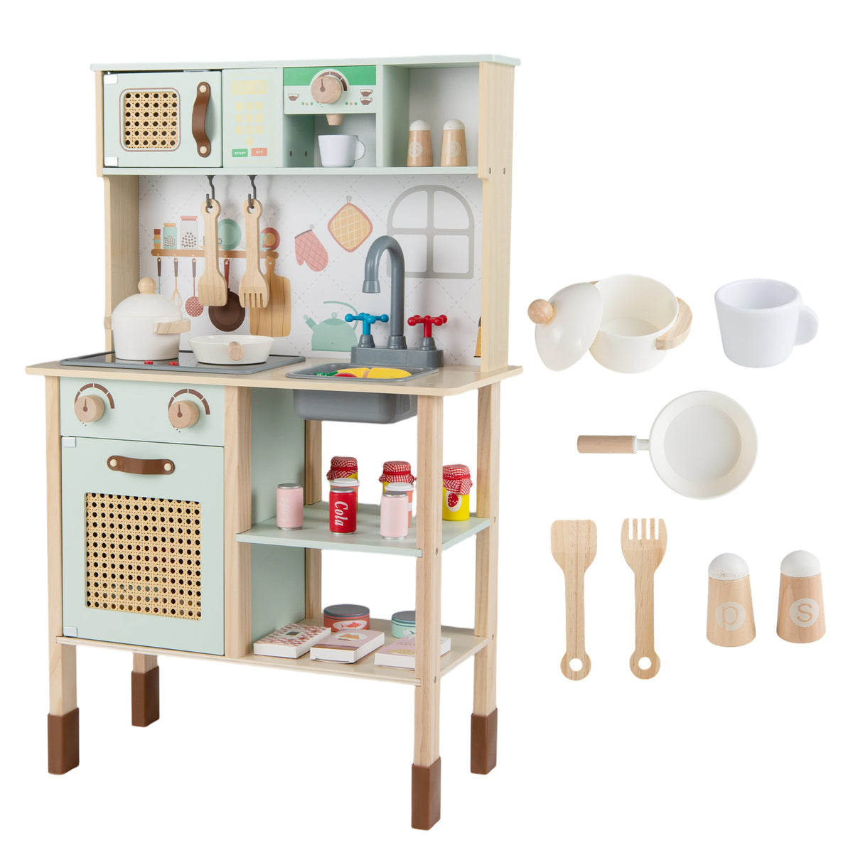 Wooden Play Kitchen for Kids with Lights and Sounds Retro Style With Accessories, Green Play Kitchen Sets at Gallery Canada