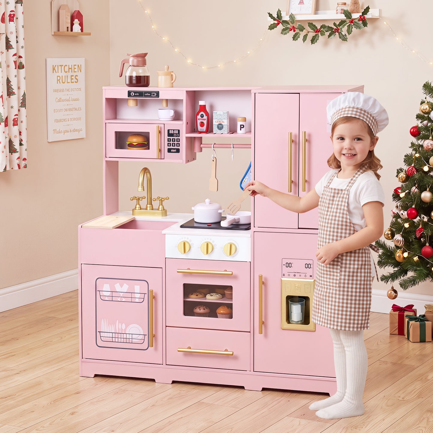 Cuisine en bois pour jouer avec lumières et sons, rose