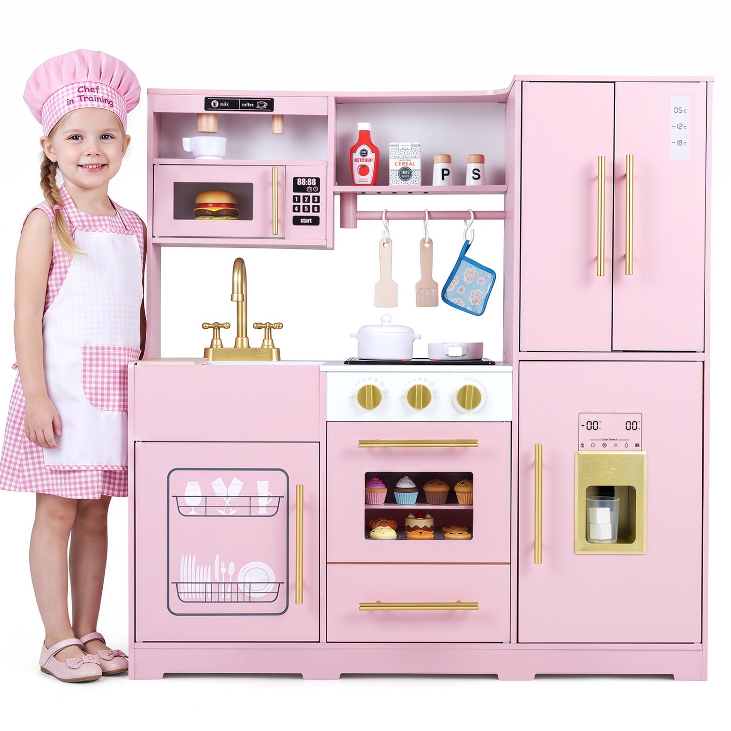 Cuisine en bois pour jouer avec lumières et sons, rose