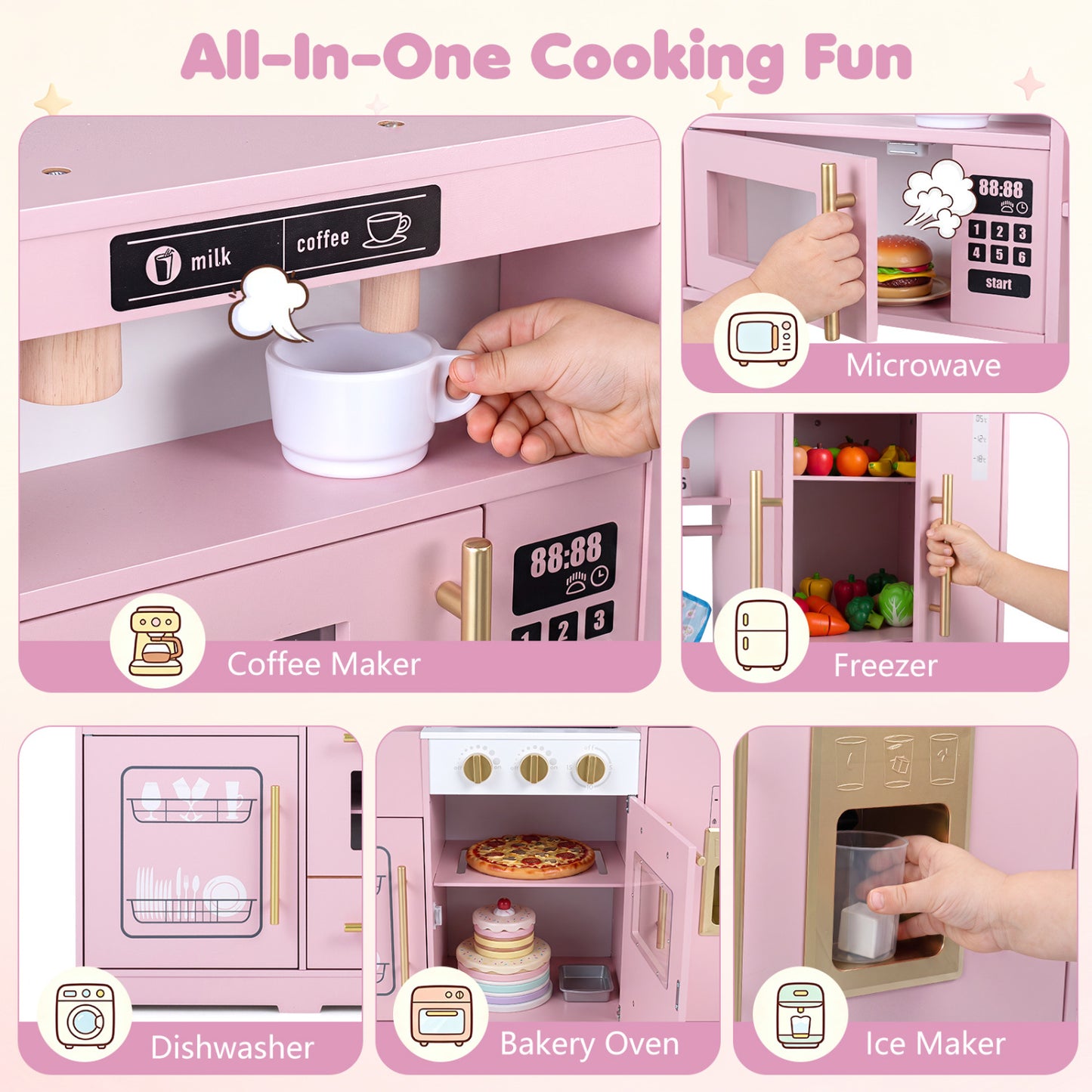 Cuisine en bois pour jouer avec lumières et sons, rose