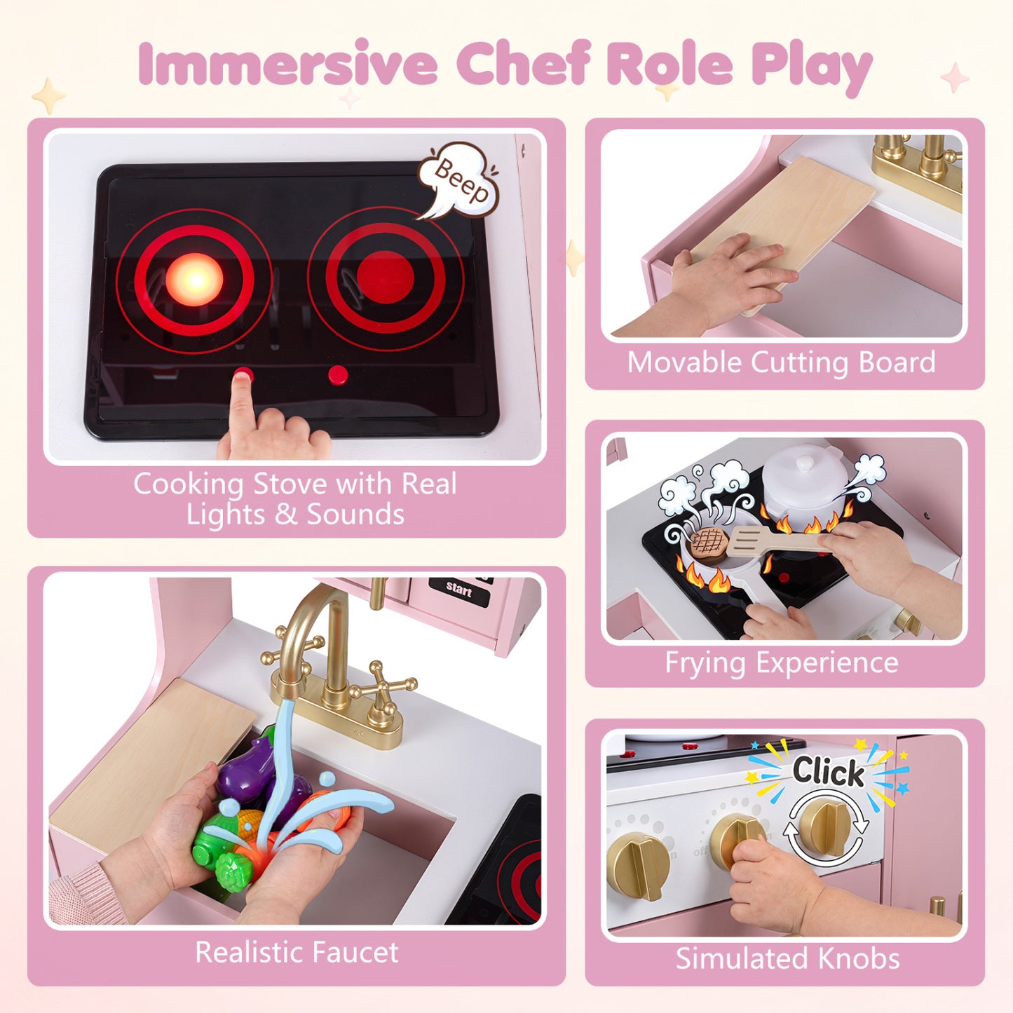 Cuisine en bois pour jouer avec lumières et sons, rose