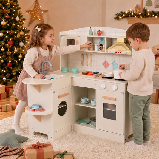 Wooden Play Kitchen with Lights, Sounds, Stove, Microwave, Sink, White Play Kitchen Sets White at Gallery Canada