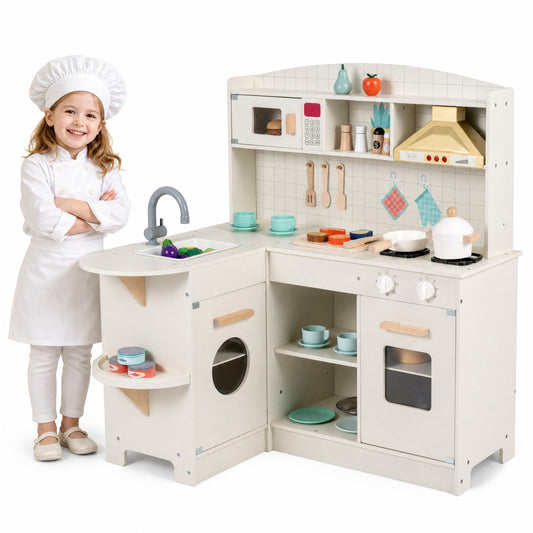 Wooden Play Kitchen with Lights, Sounds, Stove, Microwave, Sink, White Play Kitchen Sets White at Gallery Canada
