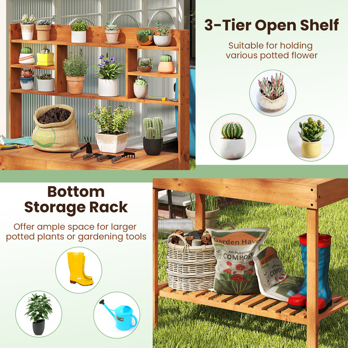 Wooden Potting Bench Table, 61" Garden Workstation, 3-Tier Shelf, Brown Potting Benches & Tables at Gallery Canada