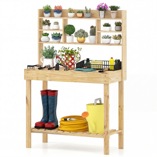 Wooden Potting Bench Table Garden Planting Workstation with 3-Tier Open Shelf, Natural Potting Benches & Tables Natural at Gallery Canada