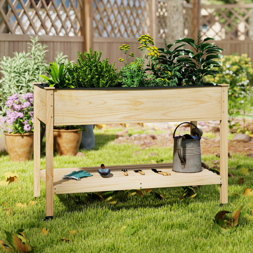 Wooden Raised Garden Bed With Legs, Lockable Wheels, Natural