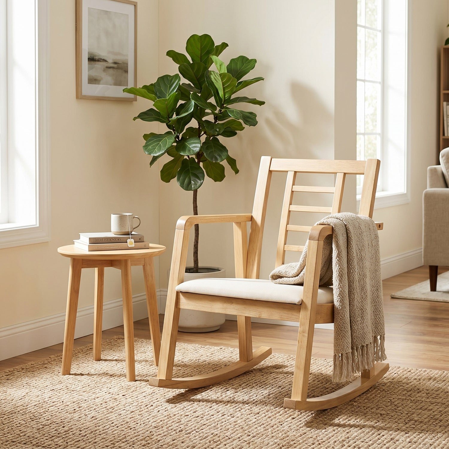 Wooden Rocking Chair with Upholstered Seat and Ladder Back for Living Room, Natural Patio Rocking Chairs & Gliders at Gallery Canada