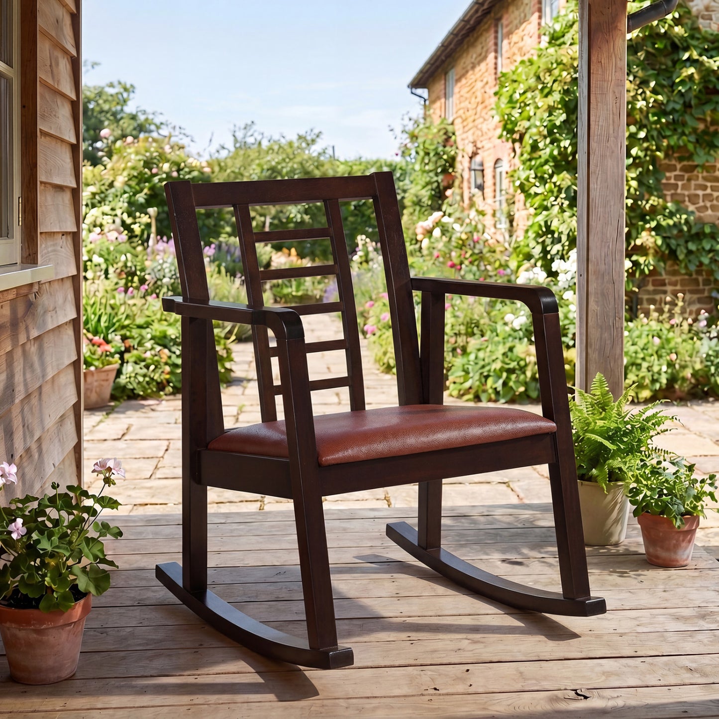 Wooden Rocking Chair with Upholstered Seat and Ladder Back for Living Room, Brown Patio Rocking Chairs & Gliders at Gallery Canada
